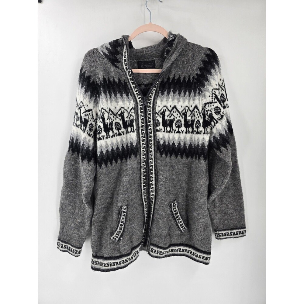 Peru Soft Alpaca Wool Zip Hoodie Sweater Jacket Boho Hippie Art To Wear Sz S/M